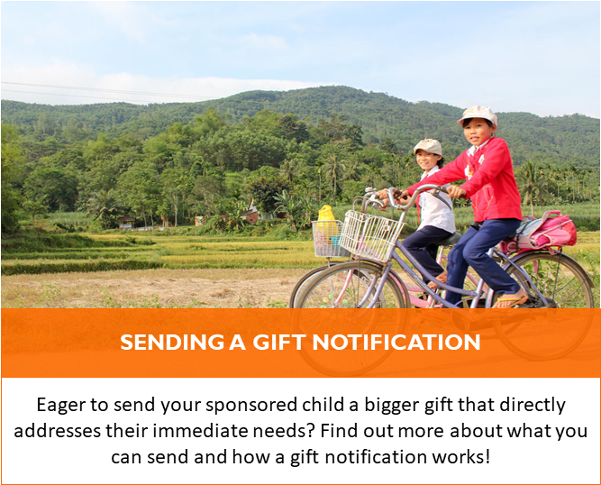 Send your sponsored child a gift, locally, that addresses their immediate needs!