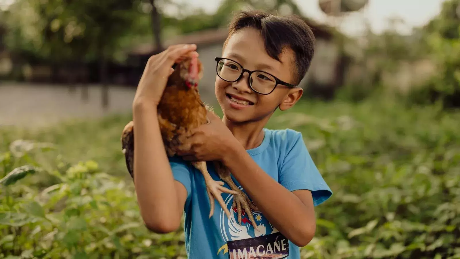 Vietnamese boy holding a chicken and smiling