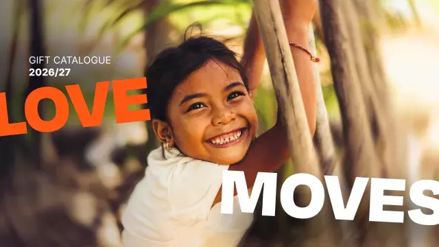 Happy Cambodian girl with title "Love Moves"
